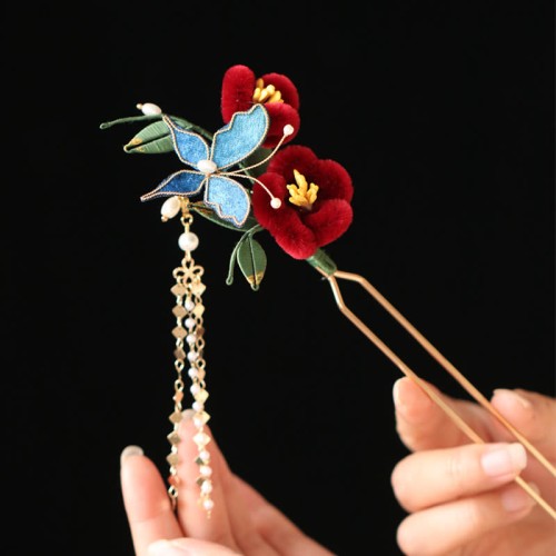 Red Flower Blue Butterfly Hairpin Red Flower Blue Butterfly Hairpin