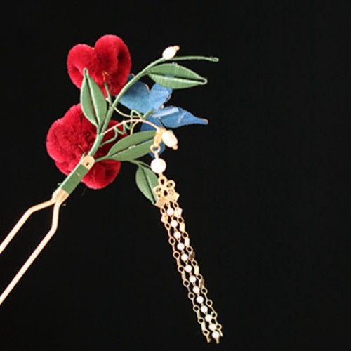 Red Flower Blue Butterfly Hairpin Red Flower Blue Butterfly Hairpin