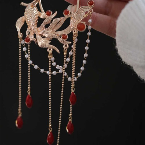 Koi Fish Flower Tassel Red Agate Hairpin Koi Fish Flower Tassel Red Agate Hairpin