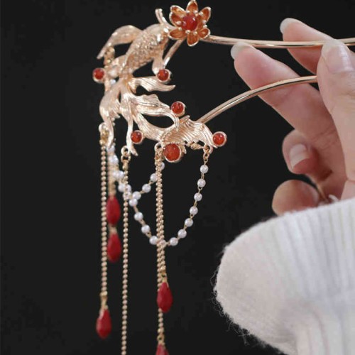 Koi Fish Flower Tassel Red Agate Hairpin Koi Fish Flower Tassel Red Agate Hairpin
