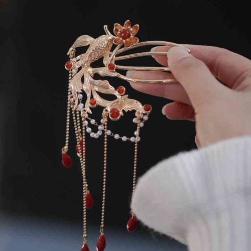 Koi Fish Flower Tassel Red Agate Hairpin Koi Fish Flower Tassel Red Agate Hairpin