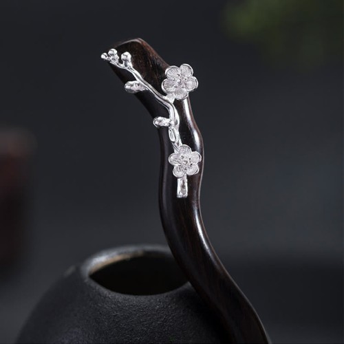 925 Silver Ebony Plum Blossom Hairpin 925 Silver Ebony Plum Blossom Hairpin
