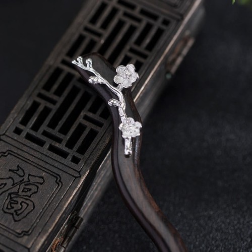 925 Silver Ebony Plum Blossom Hairpin 925 Silver Ebony Plum Blossom Hairpin