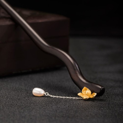 925 Silver Ebony Lotus Flower Pearl Hairpin 925 Silver Ebony Lotus Flower Pearl Hairpin
