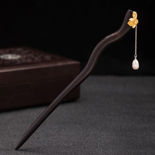 925 Silver Ebony Lotus Flower Pearl Hairpin 925 Silver Ebony Lotus Flower Pearl Hairpin