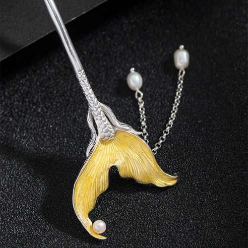 925 Silver Fish Tail Pearl Tassel Hairpin 925 Silver Fish Tail Pearl Tassel Hairpin