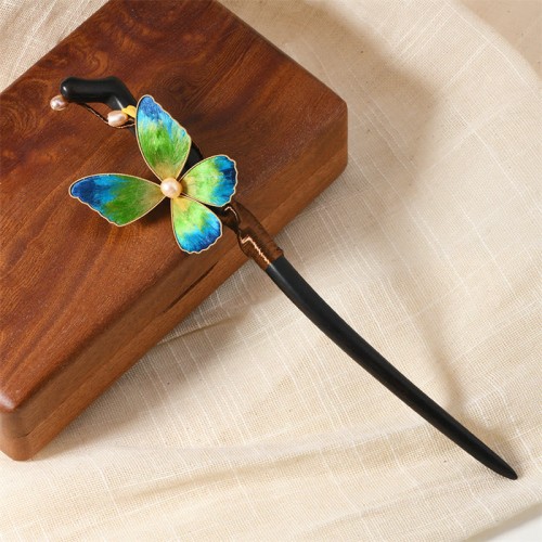 Ebony Wood Silk Flower Butterfly Blessing Hairpin Ebony Wood Silk Flower Butterfly Blessing Hairpin