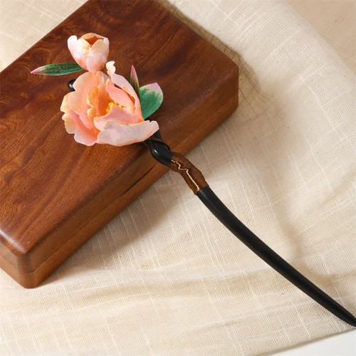Ebony Wood Silk Flower Butterfly Blessing Hairpin Ebony Wood Silk Flower Butterfly Blessing Hairpin