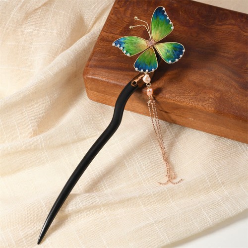 Ebony Wood Silk Flower Butterfly Blessing Hairpin Ebony Wood Silk Flower Butterfly Blessing Hairpin
