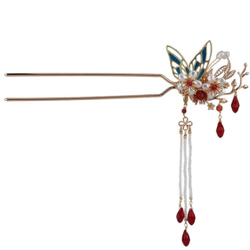 Flower Branch Butterfly Pearl Tassel Hairpin