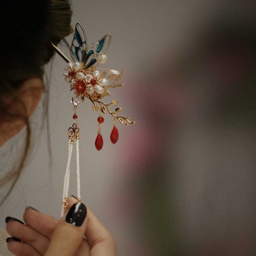 Flower Branch Butterfly Pearl Tassel Hairpin