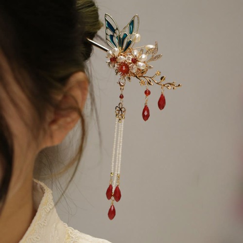 Flower Branch Butterfly Pearl Tassel Hairpin