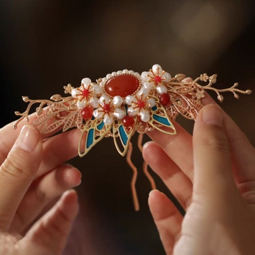 Flower Branch Butterfly Pearl Tassel Hairpin