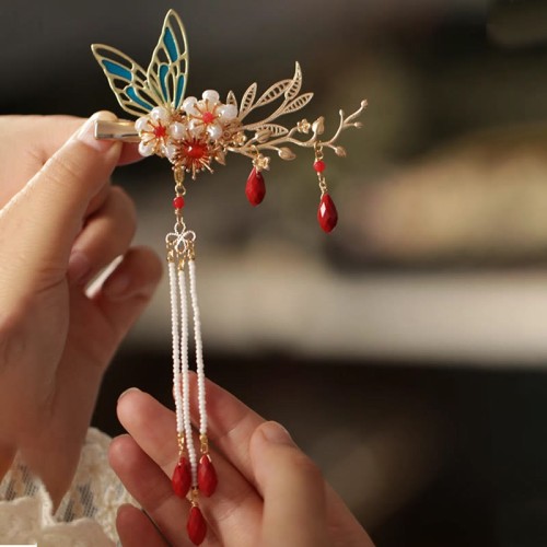 Flower Branch Butterfly Pearl Tassel Hairpin