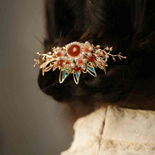 Flower Branch Butterfly Pearl Tassel Hairpin
