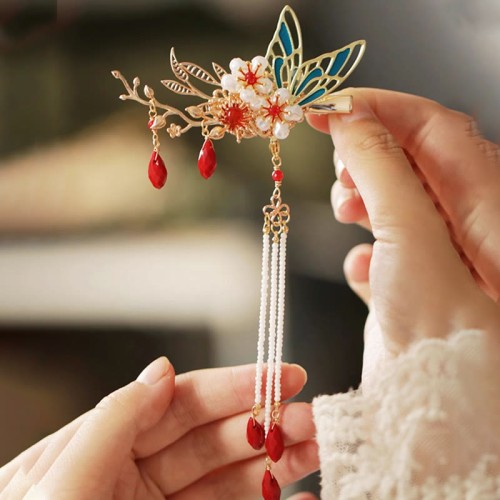 Flower Branch Butterfly Pearl Tassel Hairpin