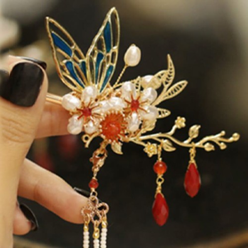 Flower Branch Butterfly Pearl Tassel Hairpin