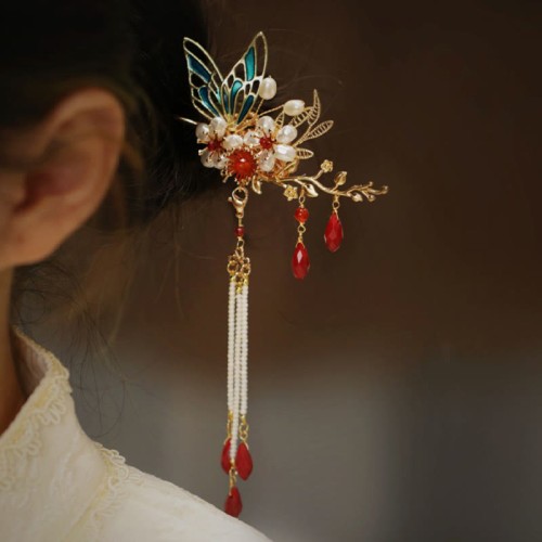 Flower Branch Butterfly Pearl Tassel Hairpin