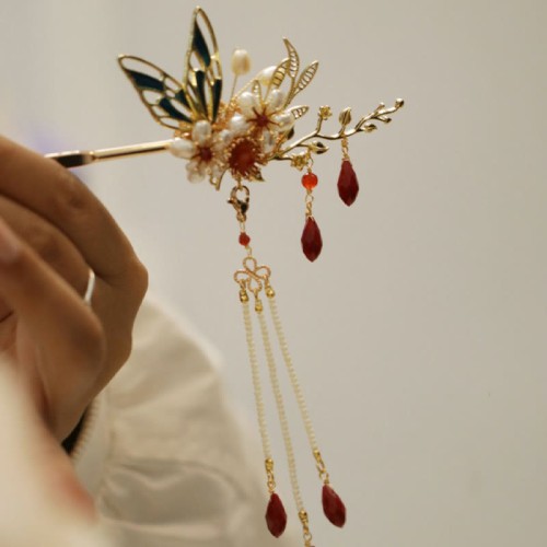 Flower Branch Butterfly Pearl Tassel Hairpin