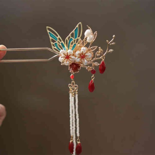 Flower Branch Butterfly Pearl Tassel Hairpin