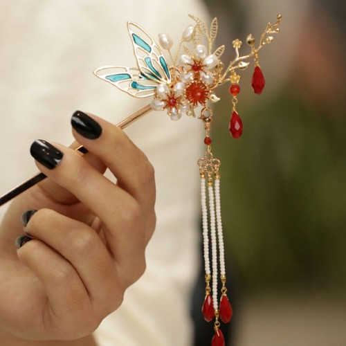 Flower Branch Butterfly Pearl Tassel Hairpin