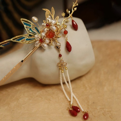 Flower Branch Butterfly Pearl Tassel Hairpin