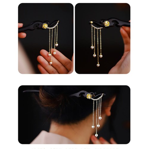 Ebony Wood Yellow Flower Pearl Tassel Hairpin Ebony Wood Yellow Flower Pearl Tassel Hairpin