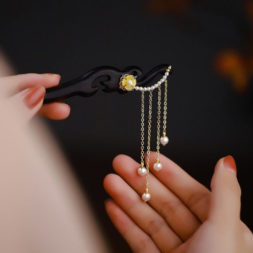 Ebony Wood Yellow Flower Pearl Tassel Hairpin Ebony Wood Yellow Flower Pearl Tassel Hairpin