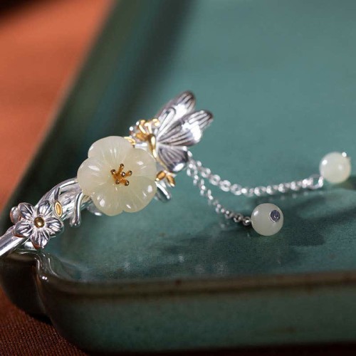 925 Silver Hetian White Jade Flower Hairpin 925 Silver Hetian White Jade Flower Hairpin