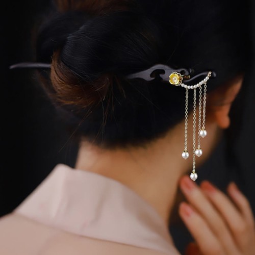 Ebony Wood Yellow Flower Pearl Tassel Hairpin Ebony Wood Yellow Flower Pearl Tassel Hairpin
