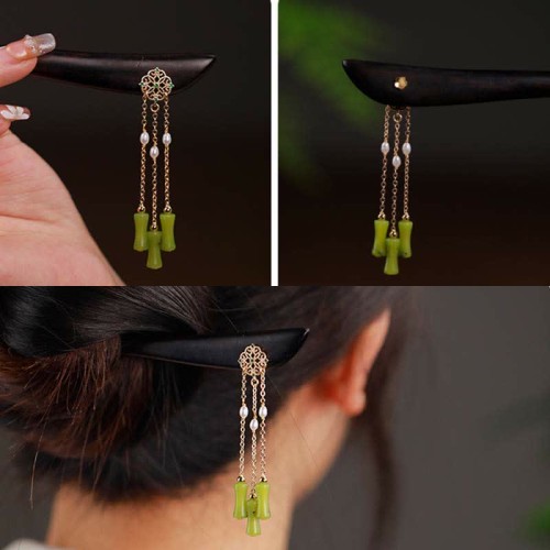Peridot Ebony Wood Love Tassels Hairpin Peridot Ebony Wood Love Tassels Hairpin