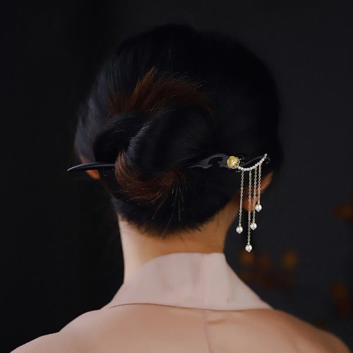 Ebony Wood Yellow Flower Pearl Tassel Hairpin Ebony Wood Yellow Flower Pearl Tassel Hairpin