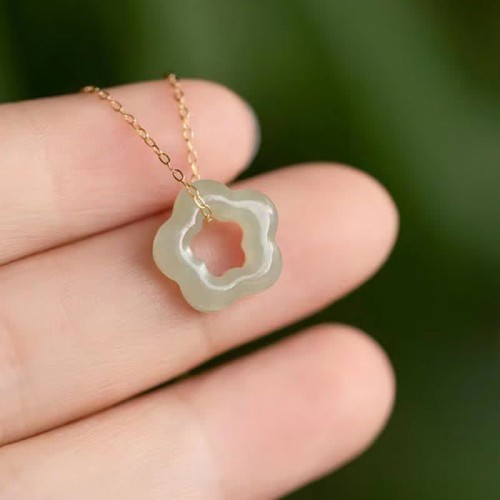 Hetian Jade Cyan Jade Floral Charm Necklace Pendant