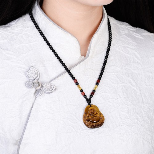 Tiger's Eye Laughing Buddha Blessing Necklace