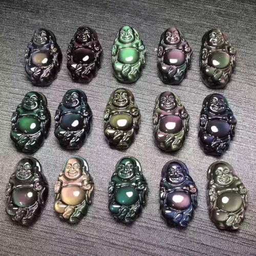 Rainbow Obsidian Laughing Buddha Inner Peace Necklace Rainbow Obsidian Laughing Buddha Inner Peace Necklace