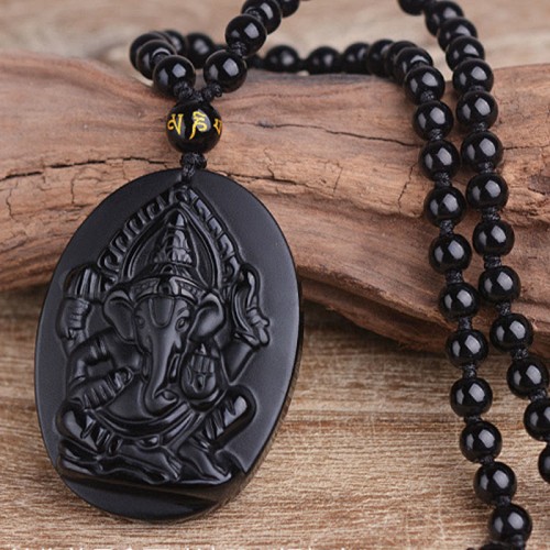 Obsidian Ganesh Elephant Wealth Necklace Pendant Obsidian Ganesh Elephant Wealth Necklace Pendant