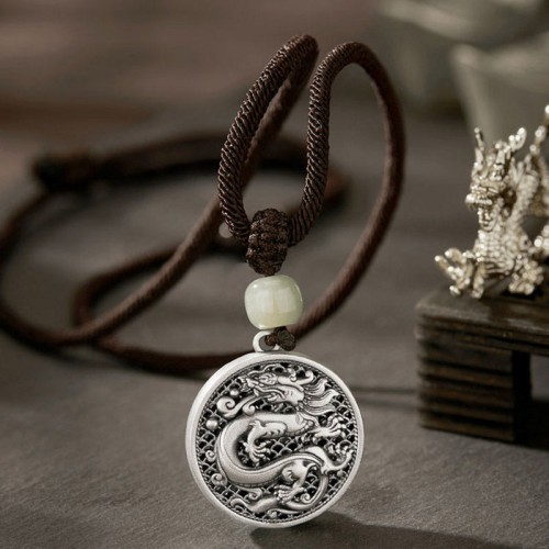 999 Silver Year of the Dragon Fu Hetian Jade Necklace 999 Silver Year of the Dragon Fu Hetian Jade Necklace