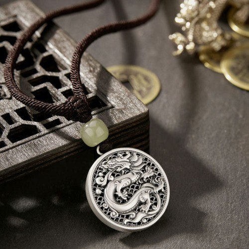 999 Silver Year of the Dragon Fu Hetian Jade Necklace 999 Silver Year of the Dragon Fu Hetian Jade Necklace