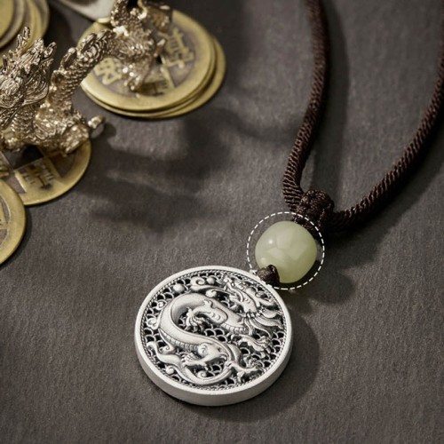 999 Silver Year of the Dragon Fu Hetian Jade Necklace 999 Silver Year of the Dragon Fu Hetian Jade Necklace