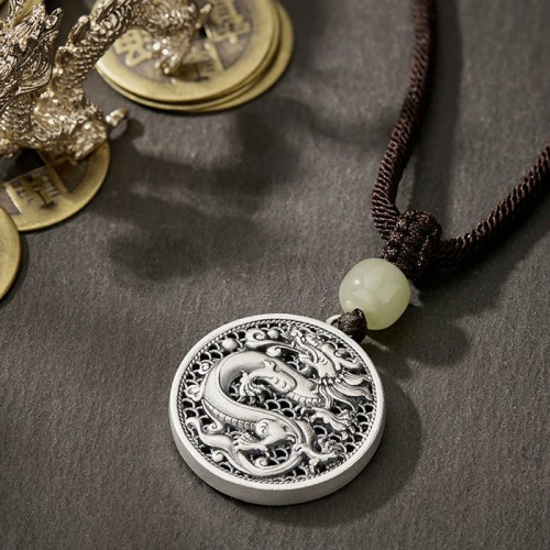 999 Silver Year of the Dragon Fu Hetian Jade Necklace 999 Silver Year of the Dragon Fu Hetian Jade Necklace