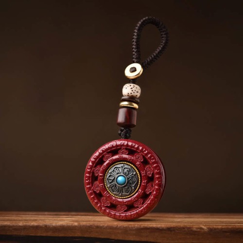 Cinnabar Om Mani Padme Hum Rotatable Keychain Pendant