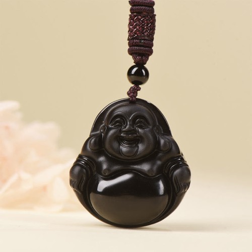 Black Obsidian Laughing Buddha Purification Necklace Black Obsidian Laughing Buddha Purification Necklace