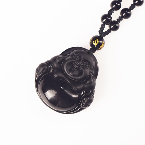Black Obsidian Laughing Buddha Purification Necklace Black Obsidian Laughing Buddha Purification Necklace