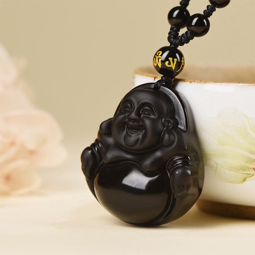 Black Obsidian Laughing Buddha Purification Necklace Black Obsidian Laughing Buddha Purification Necklace