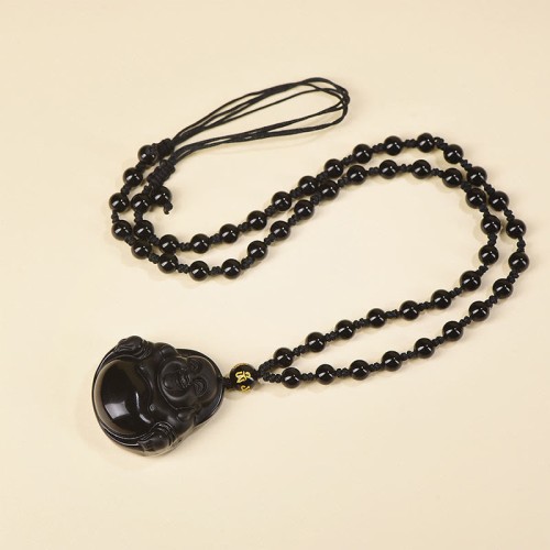 Black Obsidian Laughing Buddha Purification Necklace Black Obsidian Laughing Buddha Purification Necklace