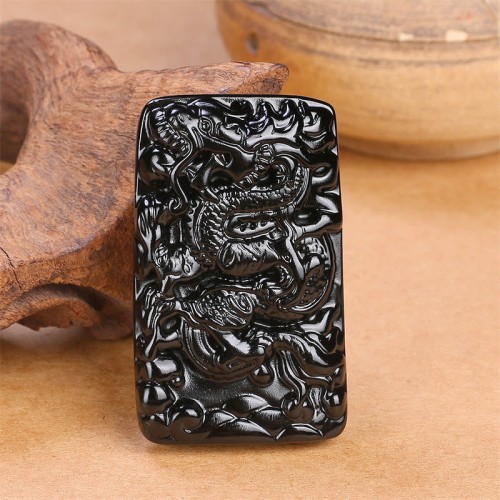 Black Obsidian Dragon Engraved Success Necklace Pendant
