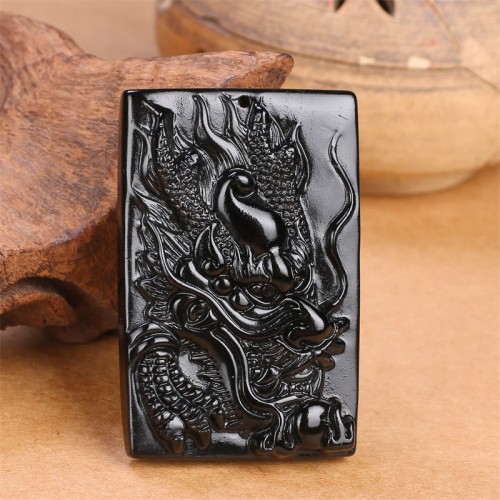 Black Obsidian Dragon Engraved Success Necklace Pendant