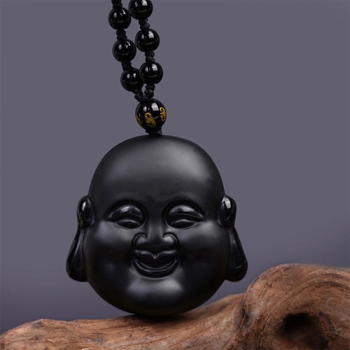 Black Obsidian Laughing Buddha Purification Necklace Pendant Black Obsidian Laughing Buddha Purification Necklace Pendant