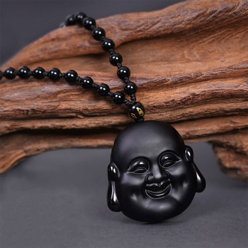Black Obsidian Laughing Buddha Purification Necklace Pendant Black Obsidian Laughing Buddha Purification Necklace Pendant