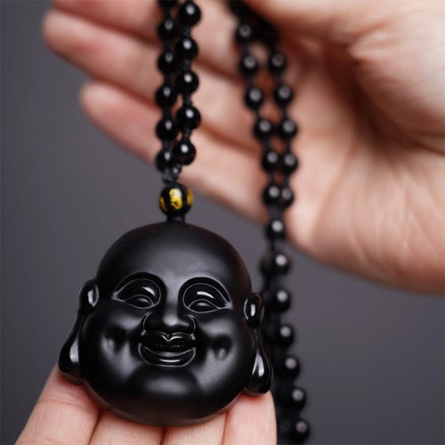 Black Obsidian Laughing Buddha Purification Necklace Pendant Black Obsidian Laughing Buddha Purification Necklace Pendant